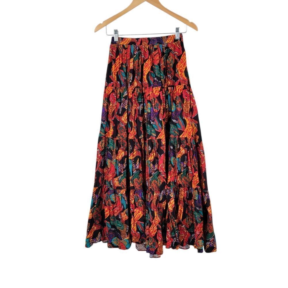 Vintage Cowboy Western Boot Print A-Line Teired Ruffle Maxi Skirt